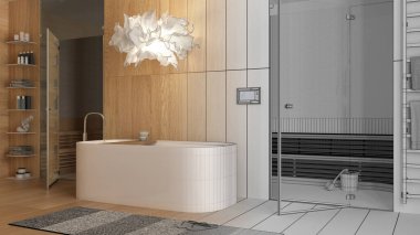 Mimari iç mimar konsepti: elle çizilmiş tamamlanmamış taslak proje gerçek, ahşap kaplıca odası, banyo, sağlık merkezi, küvet, cam kapılı sauna odası ve askılık haline geliyor