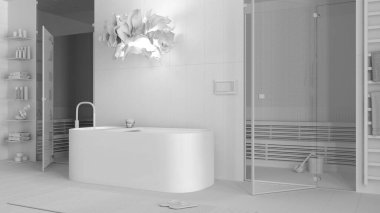 Tamamen beyaz proje taslağı, çağdaş ahşap kaplıca odası, banyo, sağlık merkezi, küvet, cam kapılı sauna odası, askı, havlu, raflar, halı, kolye lambası. İç tasarım