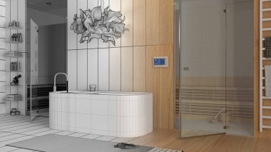 Mimari iç mimar konsepti: elle çizilmiş tamamlanmamış taslak proje gerçek, ahşap kaplıca odası, banyo, sağlık merkezi, küvet, cam kapılı sauna odası ve askılık haline geliyor