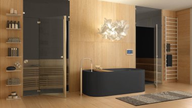 Gri tonlu modern ahşap kaplıca odası, banyo, küvetli sağlık merkezi, cam kapılı sauna odası, havlular, raflar, halı, kolye lambası. İç tasarım kavramı