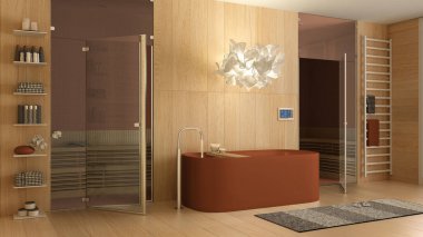 Turuncu tonlarda modern ahşap kaplıca odası, banyo, küvetli sağlık merkezi, cam kapılı sauna odası, havlular, raflar, halı, kolye lambası. İç tasarım kavramı