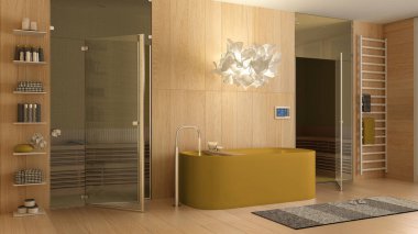 Sarı tonlu modern ahşap kaplıca odası, banyo, küvetli sağlık merkezi, cam kapılı sauna odası, havlular, raflar, halı, kolye lambası. İç tasarım kavramı