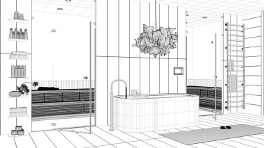 Proje taslağı, modern ahşap spa odası, banyo, küvetli sağlık merkezi, cam kapılı sauna odası, havluları, rafları, kolye lambası olan raf. İç tasarım kavramı