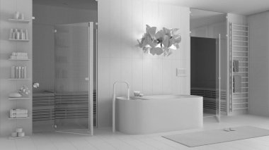 Tamamen beyaz proje taslağı, modern ahşap kaplıca odası, banyo, küveti olan sağlık merkezi, cam kapılı sauna odası, havluları, rafları, lambası olan raf. İç tasarım fikri