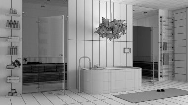 Tamamlanmamış proje taslağı, modern ahşap kaplıca odası, banyo, küvetli sağlık merkezi, cam kapılı sauna odası, havlulu raf, lamba. İç tasarım fikri