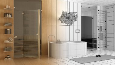 Mimari iç mimar konsepti: elle çizilmiş tamamlanmamış proje gerçek hale geliyor, ahşap kaplıca odası, banyo, küvetli sağlık merkezi, cam kapılı sauna odası