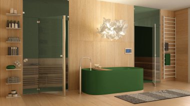 Modern ahşap kaplıca odası yeşil tonlarda, banyo, küvetli sağlık merkezi, cam kapılı sauna odası, havlular, raflar, halı, kolye lambası. İç tasarım kavramı