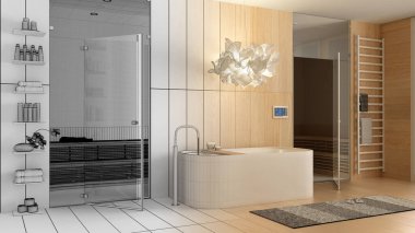 Mimari iç mimar konsepti: elle çizilmiş tamamlanmamış proje gerçek hale geliyor, ahşap kaplıca odası, banyo, küvetli sağlık merkezi, cam kapılı sauna odası