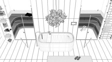 Taslak proje taslağı, minimalist ahşap spa odası, banyo, sağlık merkezi, küvet, cam kapılı sauna odası, havlulu raf, halı, lamba, üst manzara. İç tasarım