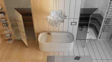 Mimari iç mimar konsepti: elle çizilmiş tamamlanmamış proje, spa, banyo, sağlık merkezi, küvet, sauna, havlu, halı, üst manzara, yukarıda