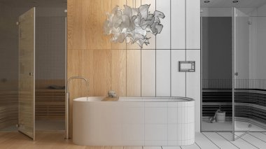 Mimari iç mimar konsepti: elle çizilmiş tamamlanmamış taslak proje gerçek, ahşap spa odası, banyo, sağlık merkezi, küvet, cam kapılı sauna odası ve bank haline geliyor