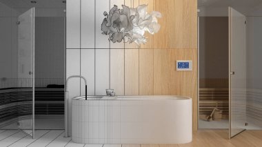 Mimari iç mimar konsepti: elle çizilmiş tamamlanmamış taslak proje gerçek, ahşap spa odası, banyo, sağlık merkezi, küvet, cam kapılı sauna odası ve bank haline geliyor