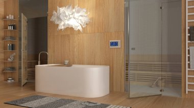 Beyaz tonlu modern ahşap kaplıca odası, banyo, küvetli sağlık merkezi, cam kapılı sauna odası, havluları, rafları, halıları, kolye lambası olan raf. İç tasarım fikri