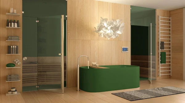 Modern Fából Készült Fürdő Szoba Zöld Árnyalatokkal Fürdőszoba Wellness Centrum — Stock Fotó