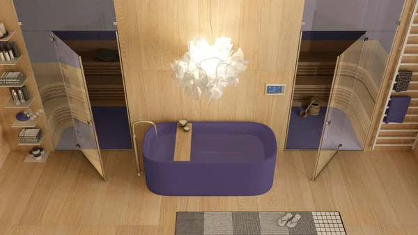 紫色のトーン バスルーム ウェルネスセンター バスタブ ガラスドア付きのサウナルーム タオル カーペット ペンダントランプ トップビュー 上記のラックのミニマリストの木製のスパルーム — ストック写真