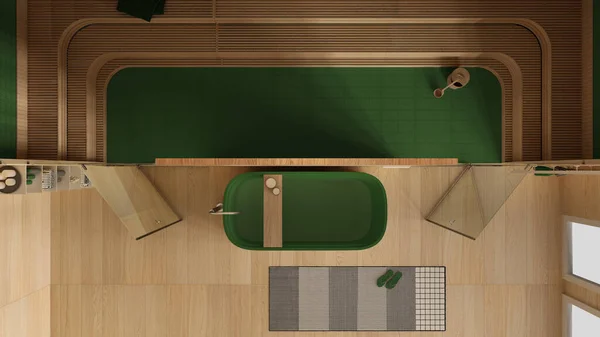 緑の色調 バスルーム ウェルネスセンター バスタブ ガラスドア付きのサウナルーム タオル カーペット トップビュー プラン 上記のラックのモダンな木製のスパルーム — ストック写真
