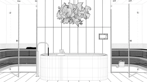 蓝图项目草案 简约木制温泉房 健康中心 有玻璃门的桑拿房 马赛克瓷砖 室内设计 — 图库照片