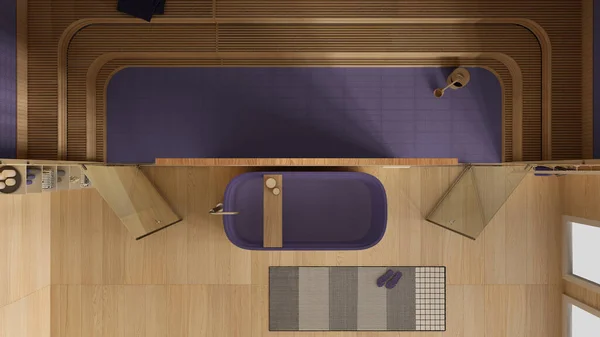 紫色のトーン バスルーム ウェルネスセンター バスタブ ガラスドア付きのサウナルーム タオル カーペット トップビュー 上記のラックのモダンな木製のスパルーム インテリアデザインのアイデア — ストック写真