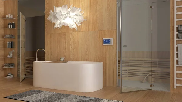 현대의 온천은 욕조가 유리문 사우나 램프가 디자인 아이디어 — 스톡 사진