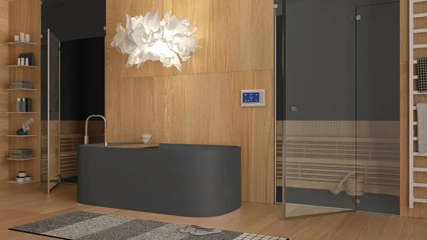 현대의 온천은 욕조가 유리문 사우나 램프가 디자인 아이디어 — 스톡 사진