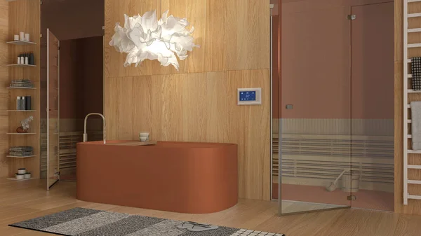 Contemporary Wooden Spa Room Orange Tones Bathroom Wellness Center Bathtub — Stock Photo, Image