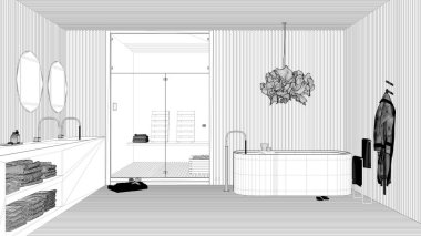 Taslak proje taslağı, spa banyosu, cam kapılı sauna odası, serbest banyo küveti, yuvarlak aynalı lavabo, kolye lambası, havlular ve bornoz, iç tasarım fikri.