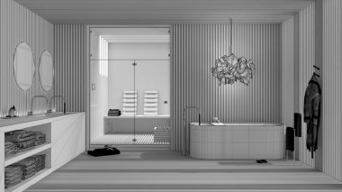 Tamamlanmamış proje taslağı, spa banyosu, cam kapılı sauna odası, serbest banyo küveti, yuvarlak aynalı lavabo, kolye lambası, havlular ve bornoz, iç tasarım konsepti.