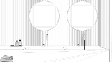 Proje taslağı, spa banyosu, yuvarlak aynalı iki modern lavabo, minimalist musluk, kozmetik şişeleri, sabun ve lamba. Yumuşak beyaz havlular, iç tasarım konsepti