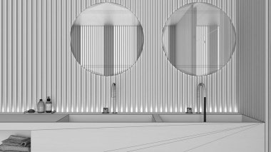 Tamamlanmamış proje taslağı, spa banyosu, yuvarlak aynalı iki modern lavabo, minimalist musluk, kozmetik şişeleri, sabun ve lamba. Yumuşak beyaz havlular, iç tasarım konsepti