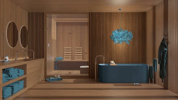Wooden and blue spa bathroom, sauna room with glass doors, freestanding bathtub, washbasin made of wood with round mirror, pendant lamp, towels and bathrobe, interior design concept