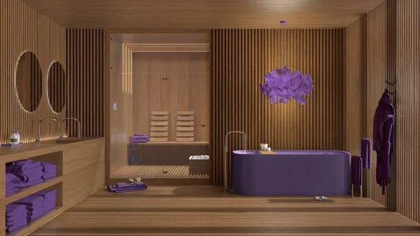 Baño Spa Madera Púrpura Sauna Con Puertas Cristal Bañera Independiente —  Fotos de Stock