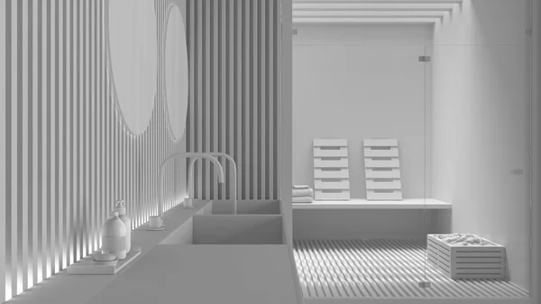 Całkowity Projekt Biały Łazienka Spa Sauna Przeszklonymi Drzwiami Akcesoriami Zbliżenie — Zdjęcie stockowe