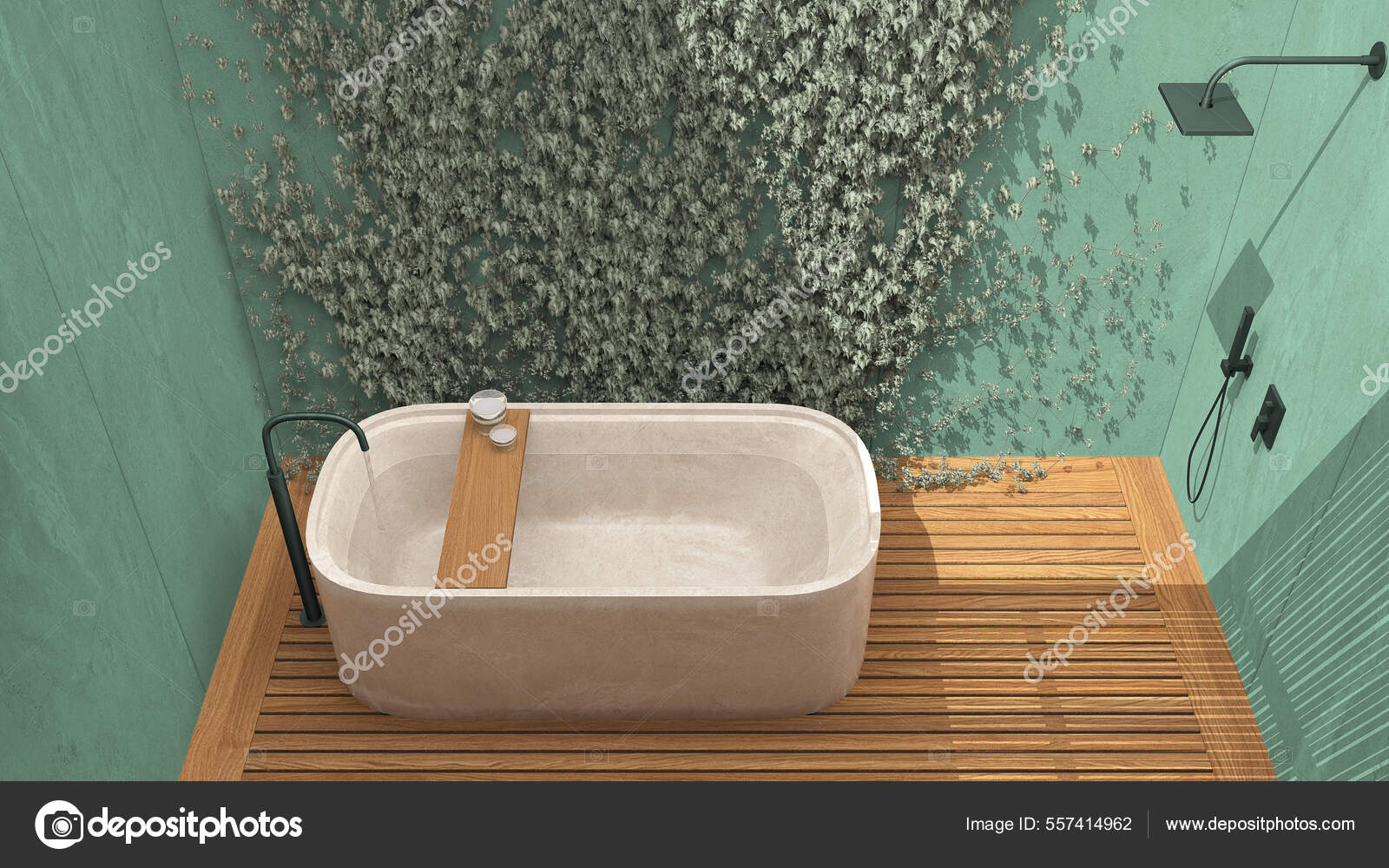 Minimalist Bathroom Turquoise Tones Japanese Zen Style Exterior Eco Garden  — Stock Photo © ArchiVIz #557414962, image size:1600x1000