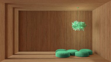 Minimalist zen oda iç tasarımı, turkuaz tonlarda açık alan, ahşap duvarlar ve parke. Kadife pouf, modern kolye lambası, huzur verici mimari, Japon oturma odası.