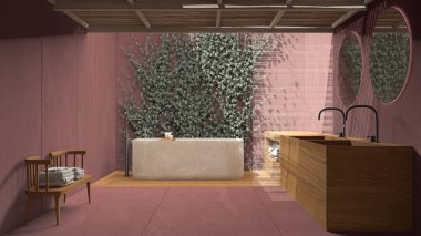 Kırmızı tonlu minimalist banyo, Japon zen tarzı, sarmaşık, kireçtaşı duvarlı dış çevre bahçesi, ahşap zemin, bambu tavan. Küvet ve lavabo. İç tasarım kavramı
