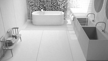 Tamamen beyaz proje taslağı, minimalist banyo, Japon zen tarzı, sarmaşıklı dış çevre bahçesi, ahşap zemin. Küvet ve lavabo, üst kat manzaralı. İç tasarım fikri