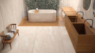 Bulanık arka plan, minimalist banyo, Japon zen tarzı, sarmaşık kaplı dış çevre bahçesi, ahşap zemin. Küvet ve lavabo, üst kat manzaralı. İç tasarım fikri