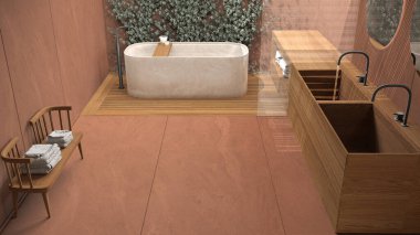 Minimalist banyo turuncu tonlarda, Japon zen tarzı, dış eko bahçesi sarmaşık, beton duvarlar ve ahşap zemin. Küvet ve lavabo, üst kat manzaralı. İç tasarım kavramı