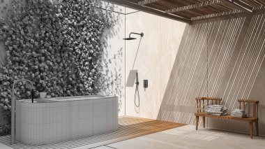 Mimari iç mimar konsepti: elle çizilmiş tamamlanmamış bir proje, banyo, Japon zen tarzı, dış eko bahçesi, sarmaşık, bambu tavan. Küvet, duş.