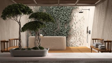 Çakıl taşı ve saksılı ahşap masa rafı, yeşil çiçekler, bahçe, küvet, minimalist iç tasarım, zen temiz mimari konsept fikri...