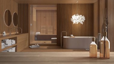Ahşap masa ya da raf aromatik çubuklarla dolu şişeler modern minimalist banyo üzerine serbest küvet ve spa odası, lavabo ve dekorlar, rahat iç mimari tasarım