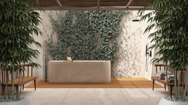 Zen iç döşeme bambu bitkisi, doğal iç tasarım konsepti, küvetli zen ahşap banyo, sarmaşıklı bahçe, bambu tavan, modern beyaz mimari