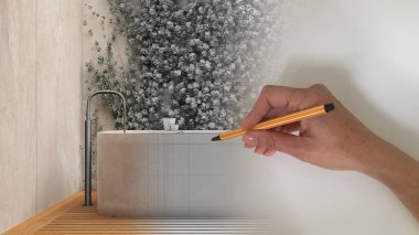 Mimari iç mimar konsepti: alan gerçek olurken el çizimi iç tasarım projesi, serbest küvetli Japon zen banyosu, sarmaşık bahçeli dış bahçe