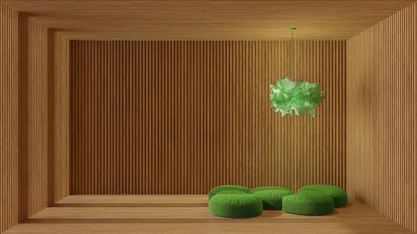 Minimalistyczny Zen Wnętrza Pokoju Otwarta Przestrzeń Odcieniach Zieleni Drewnianymi Ścianami — Zdjęcie stockowe