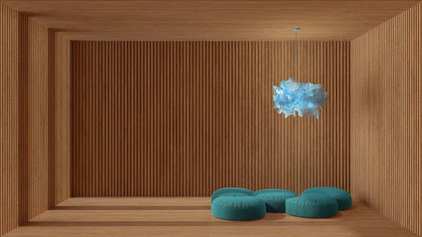 Minimalistyczny Zen Wnętrza Pokoju Otwarta Przestrzeń Odcieniach Niebieskich Drewnianymi Ścianami — Zdjęcie stockowe