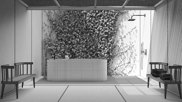 Niedokończony Projekt Łazienka Japoński Styl Zen Zewnętrzny Ogród Ekologiczny Bluszczem — Zdjęcie stockowe