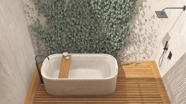 Minimalistiskt Badrum Beige Toner Japansk Zen Stil Exteriör Ekoträdgård Med — Stockfoto