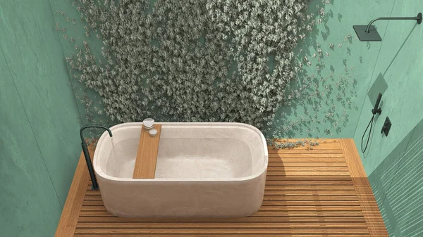 ターコイズトーンのミニマリストバスルーム 日本の禅スタイル コンクリート壁 木製の床と屋外エコガーデン 自立浴槽とシャワー 上のビュー インテリアデザイン — ストック写真