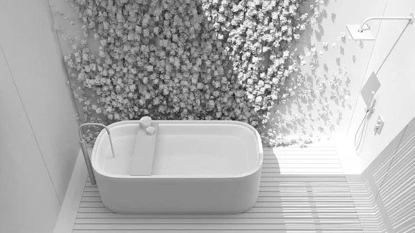 Borrador Proyecto Blanco Total Baño Minimalista Estilo Zen Japonés Jardín —  Fotos de Stock