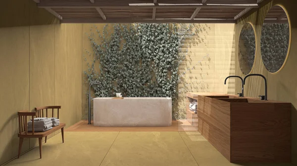 Minimalistiskt Badrum Gula Toner Japansk Zen Stil Exteriör Ekoträdgård Med — Stockfoto